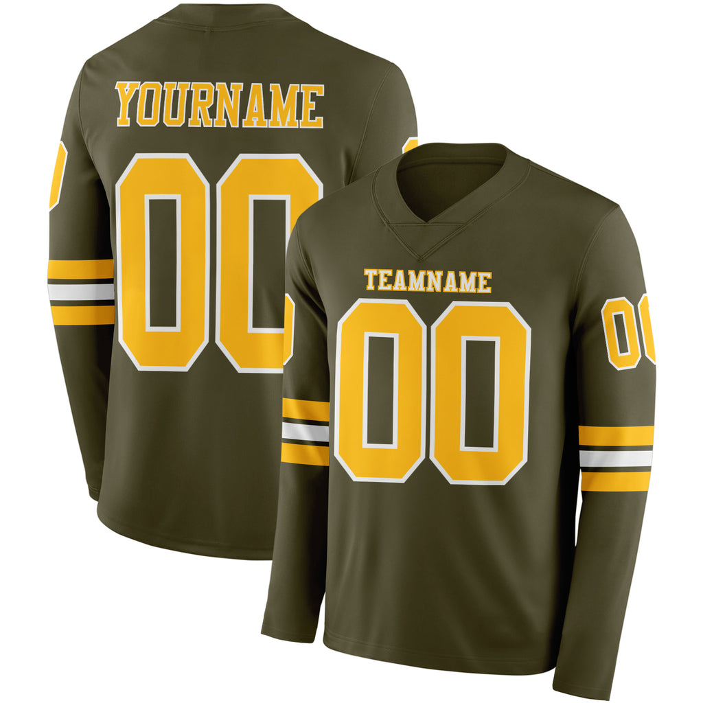 Custom Olive Gold-White Long Sleeve Salute To Service Authentic Football Jersey