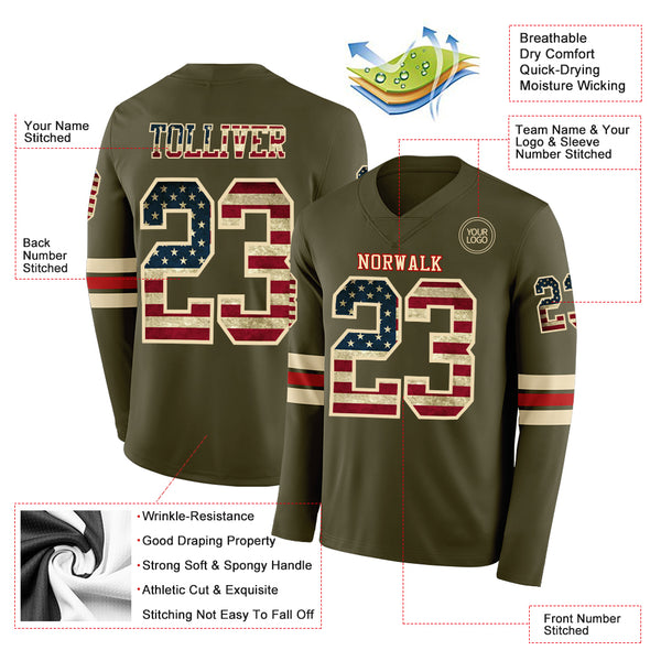 Custom Olive Vintage USA Flag Cream-Red Long Sleeve Salute To Service Authentic Football Jersey