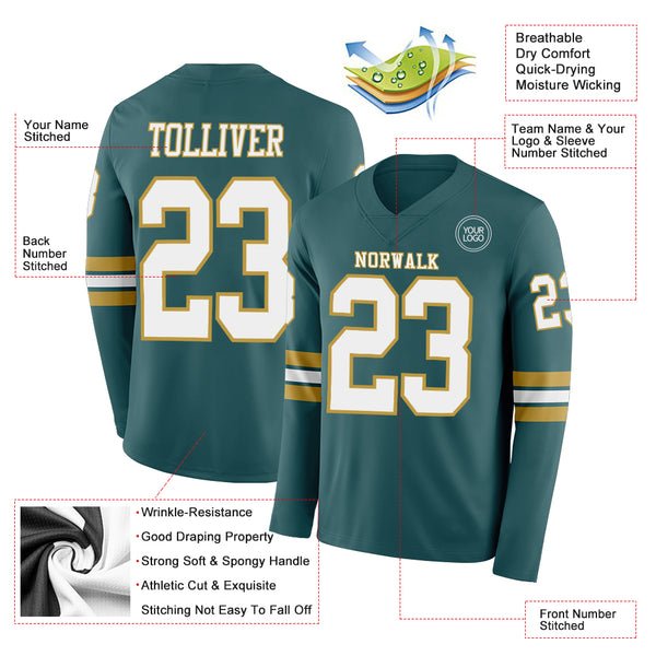 Custom Midnight Green White-Old Gold Long Sleeve Authentic Football Jersey