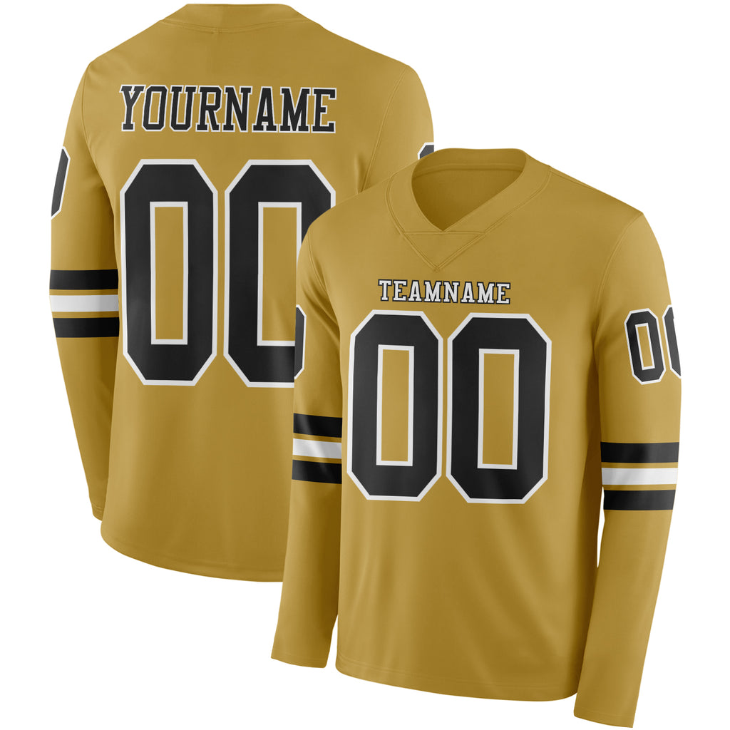 Custom Old Gold Black-White Long Sleeve Authentic Football Jersey