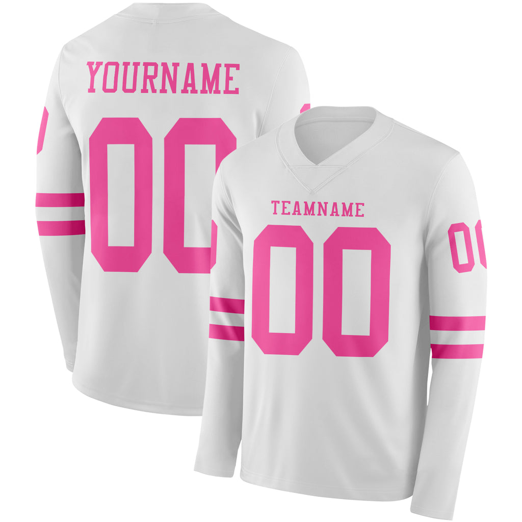 Custom White Pink Long Sleeve Authentic Football Jersey
