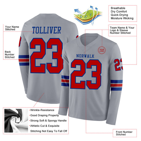 Custom Gray Red-Royal Long Sleeve Authentic Football Jersey