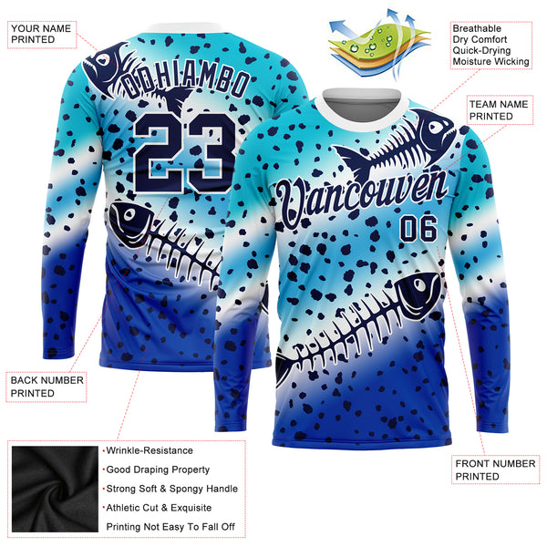 Custom Lakes Blue Navy Thunder Blue-White Fishing Fish Bone Gradient Long Sleeve Performance T-Shirt