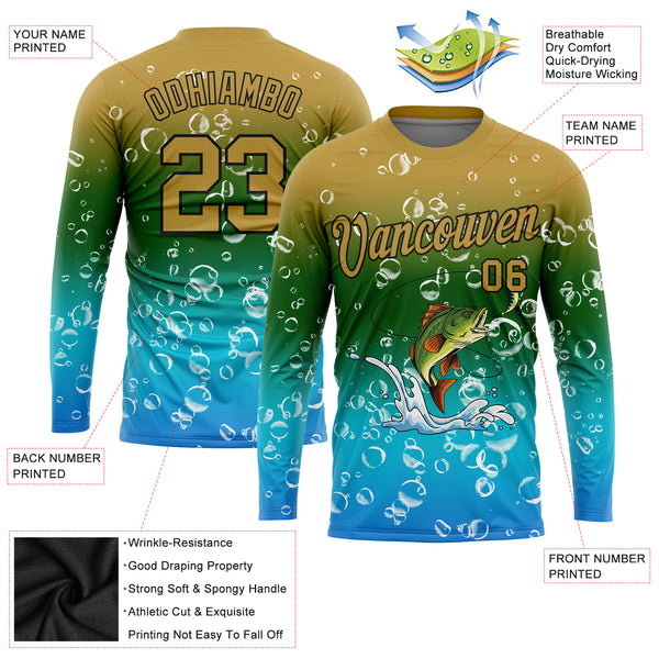Custom Old Gold Green Lakes Blue-Black Fishing Bass Fish Long Sleeve Performance T-Shirt