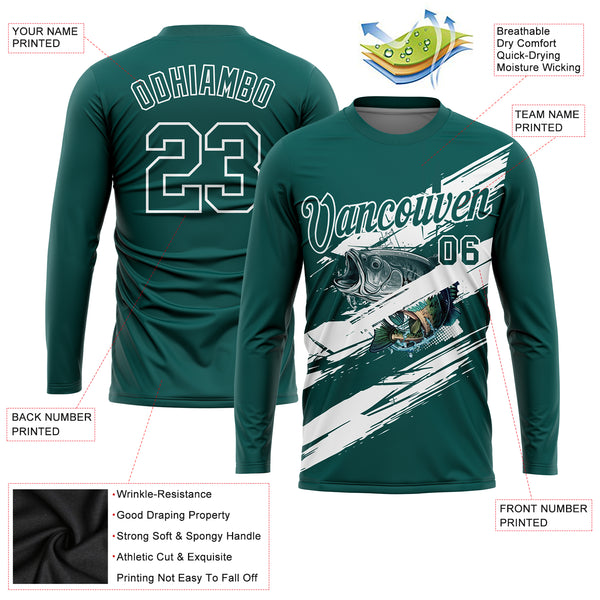 Custom Midnight Green-White Fishing Bass Fish Long Sleeve Performance T-Shirt