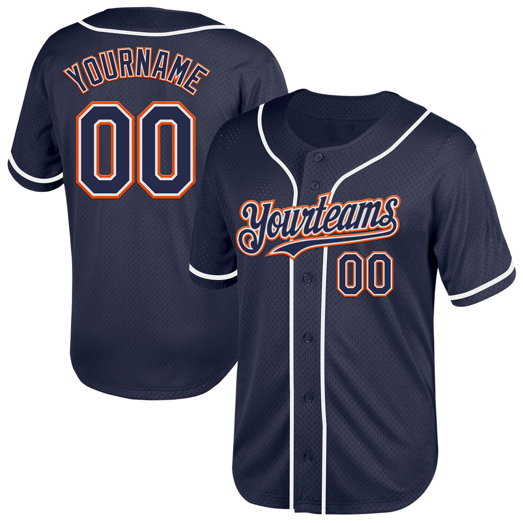 Custom Navy White-Orange Mesh Authentic Throwback Baseball Jersey