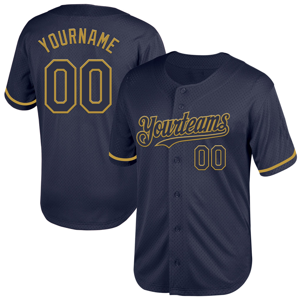 Custom Navy Old Gold Mesh Authentic Throwback Baseball Jersey