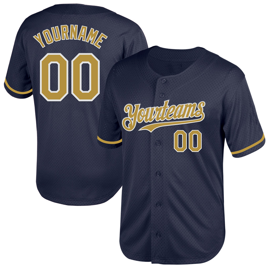 Custom Navy Old Gold-White Mesh Authentic Throwback Baseball Jersey