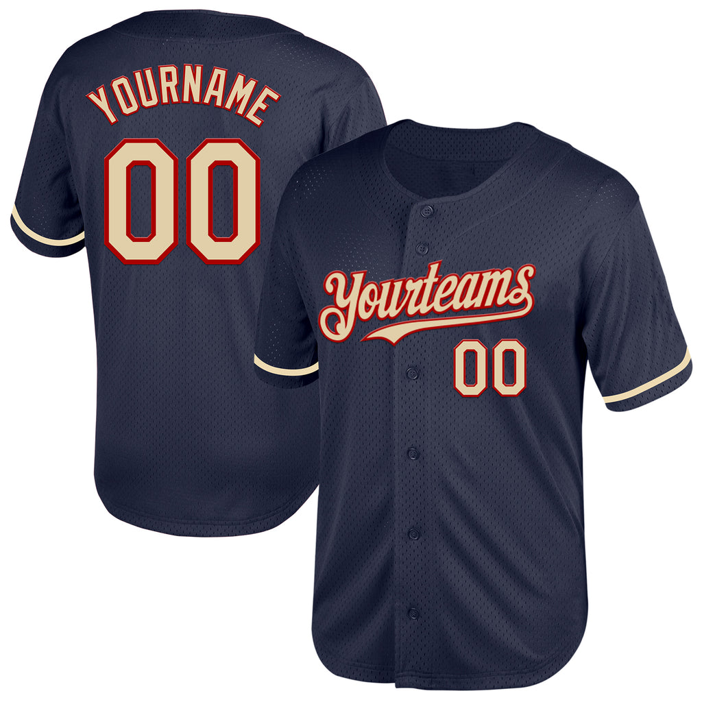 Custom Navy Cream-Red Mesh Authentic Throwback Baseball Jersey