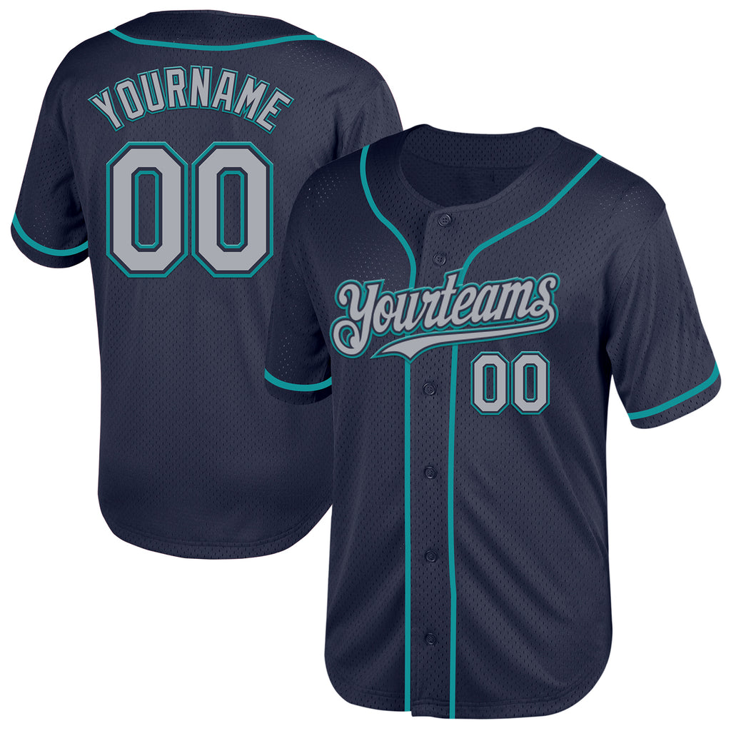 Custom Navy Gray-Teal Mesh Authentic Throwback Baseball Jersey