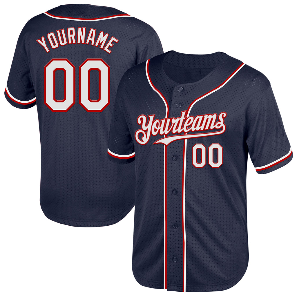 Custom Navy White-Red Mesh Authentic Throwback Baseball Jersey