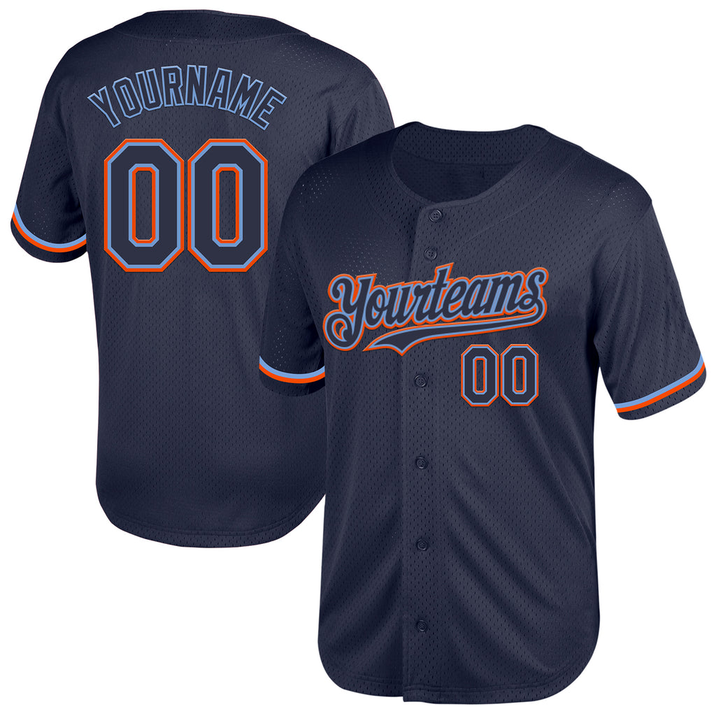 Custom Navy Powder Blue-Orange Mesh Authentic Throwback Baseball Jersey