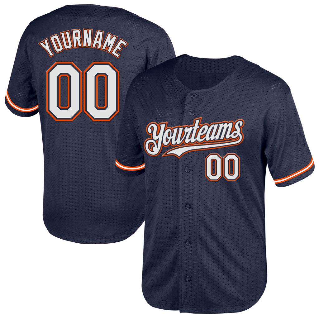 Custom Navy White-Orange Mesh Authentic Throwback Baseball Jersey