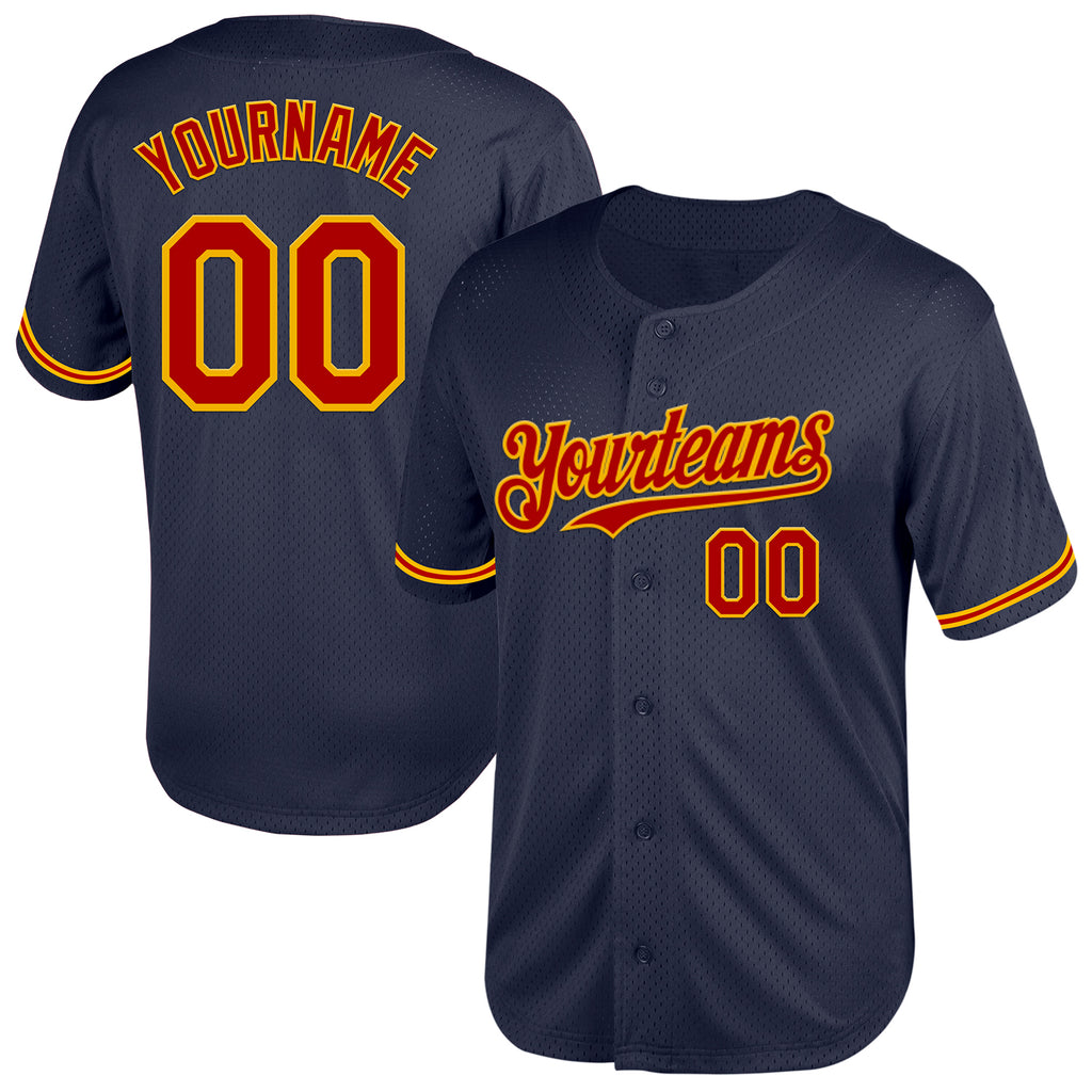 Custom Navy Red-Gold Mesh Authentic Throwback Baseball Jersey