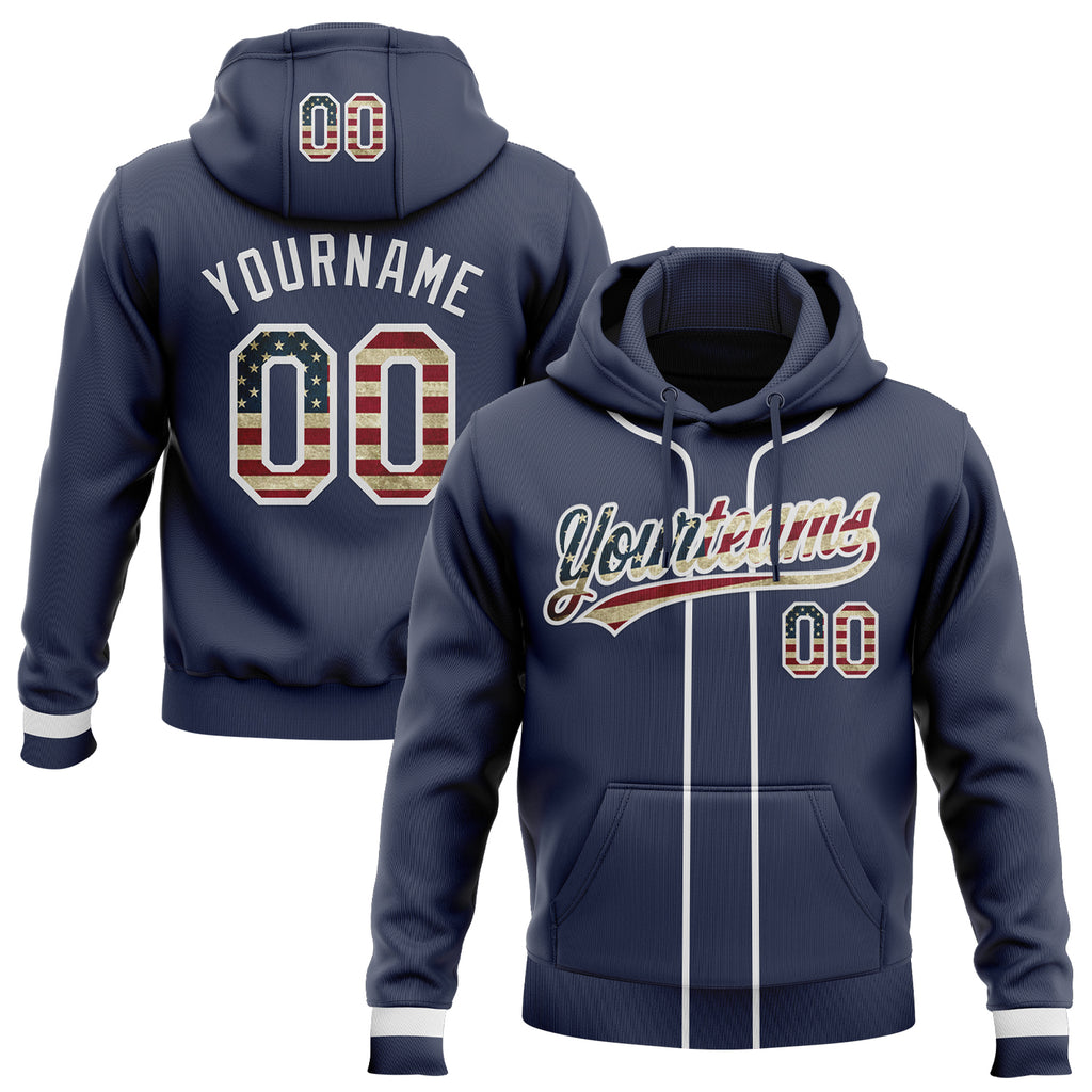 Custom Stitched Navy Vintage USA Flag-White Baseball Pullover Sweatshirt Hoodie
