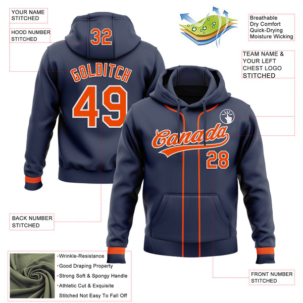 Custom Stitched Navy Orange-White Baseball Pullover Sweatshirt Hoodie