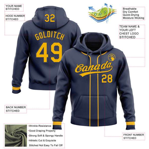Custom Stitched Navy Gold Baseball Pullover Sweatshirt Hoodie