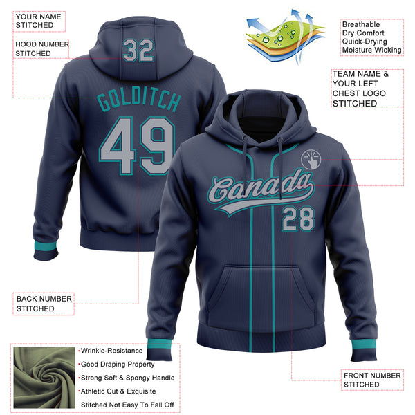 Custom Stitched Navy Gray-Teal Baseball Pullover Sweatshirt Hoodie