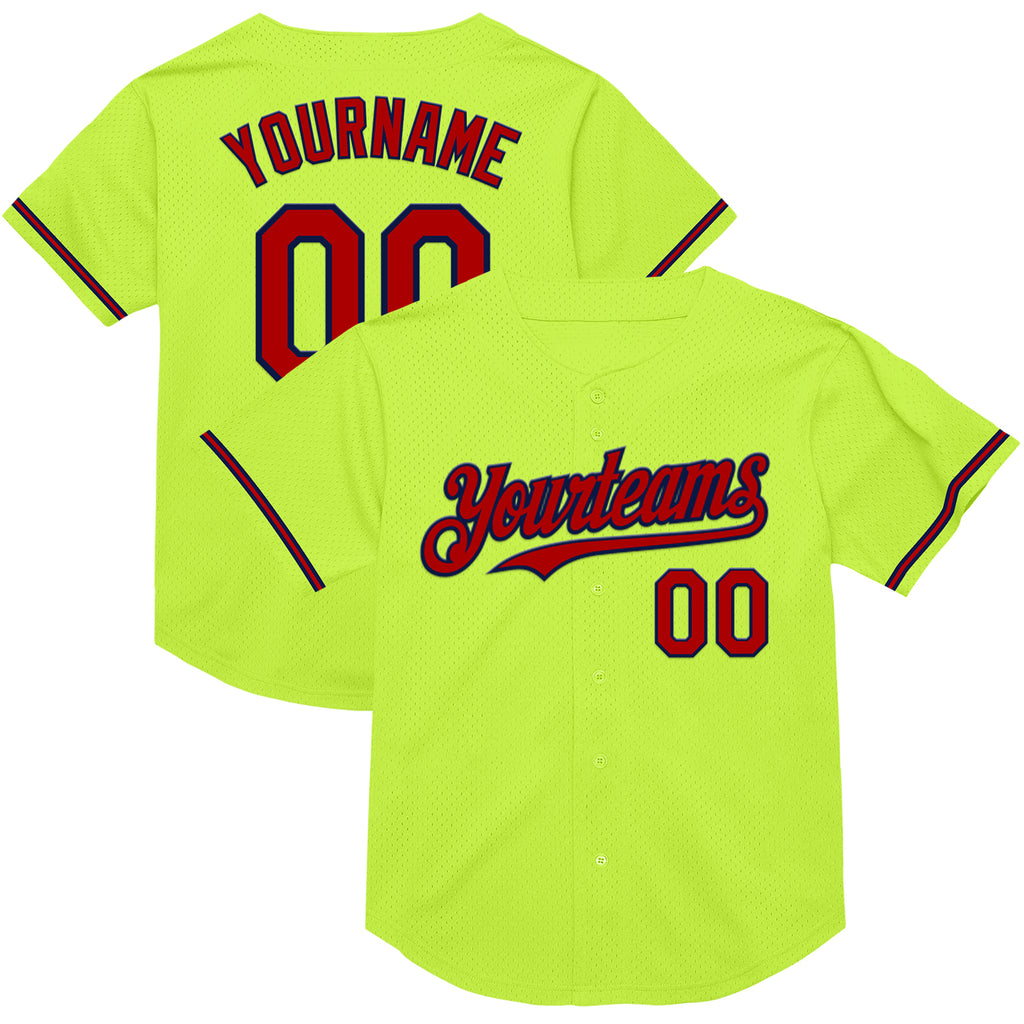 Custom Neon Green Red-Navy Mesh Authentic Throwback Baseball Jersey