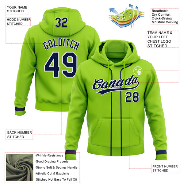 Custom Stitched Neon Green Navy-White Baseball Pullover Sweatshirt Hoodie