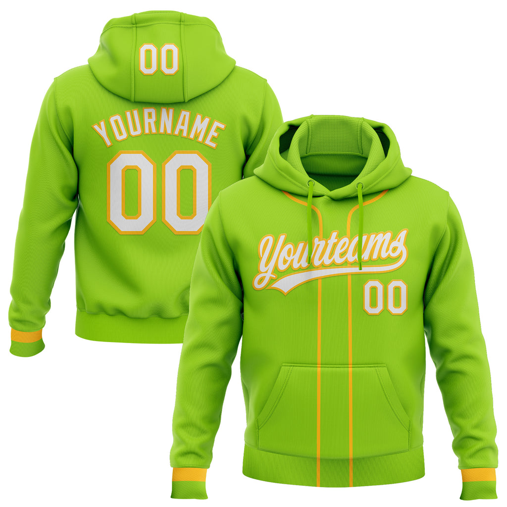 Custom Stitched Neon Green White-Gold Baseball Pullover Sweatshirt Hoodie