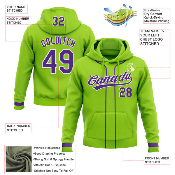 Custom Stitched Neon Green Purple-White Baseball Pullover Sweatshirt Hoodie