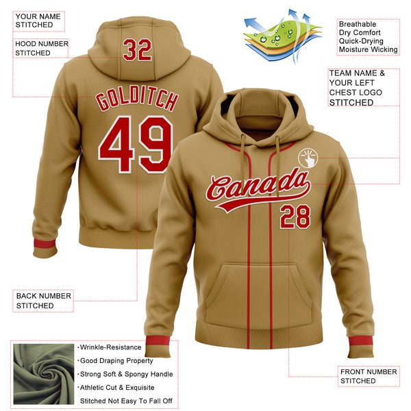 Custom Stitched Old Gold Red-White Baseball Pullover Sweatshirt Hoodie