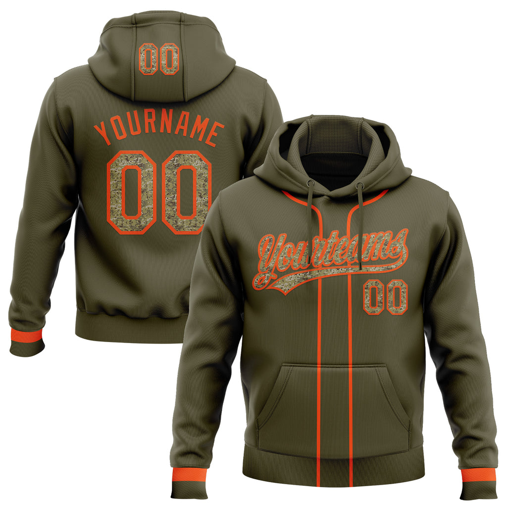 Custom Stitched Olive Camo-Orange Baseball Pullover Sweatshirt Hoodie