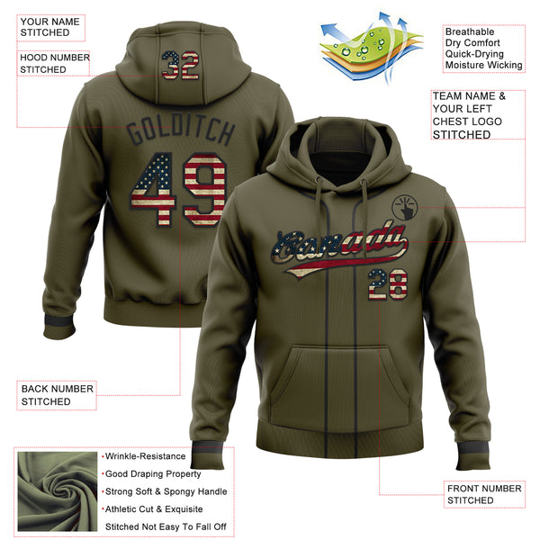 Custom Stitched Olive Vintage USA Flag-Black Baseball Pullover Sweatshirt Hoodie