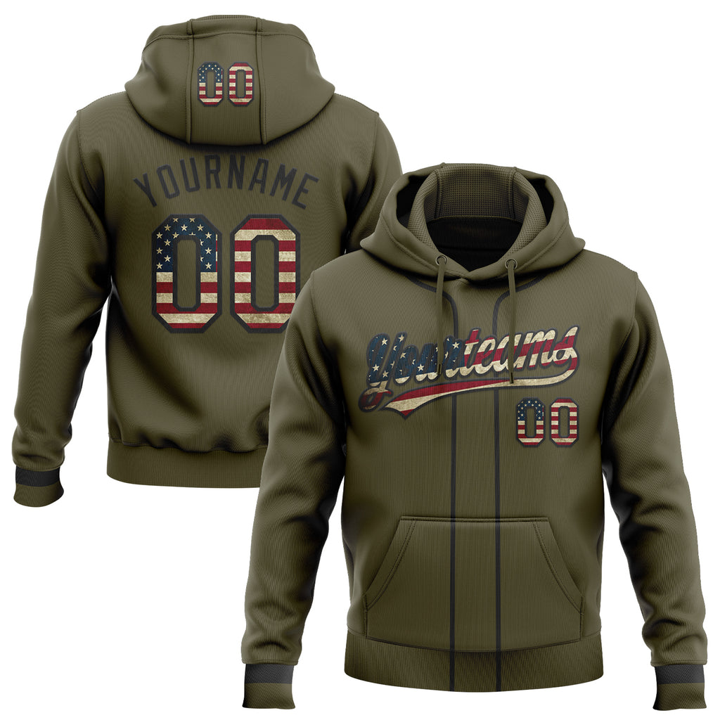 Custom Stitched Olive Vintage USA Flag-Black Baseball Pullover Sweatshirt Hoodie