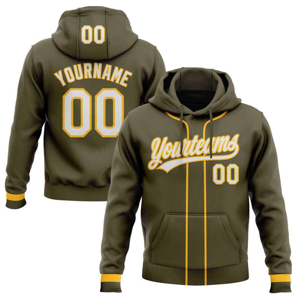 Custom Stitched Olive White-Gold Baseball Pullover Sweatshirt Hoodie