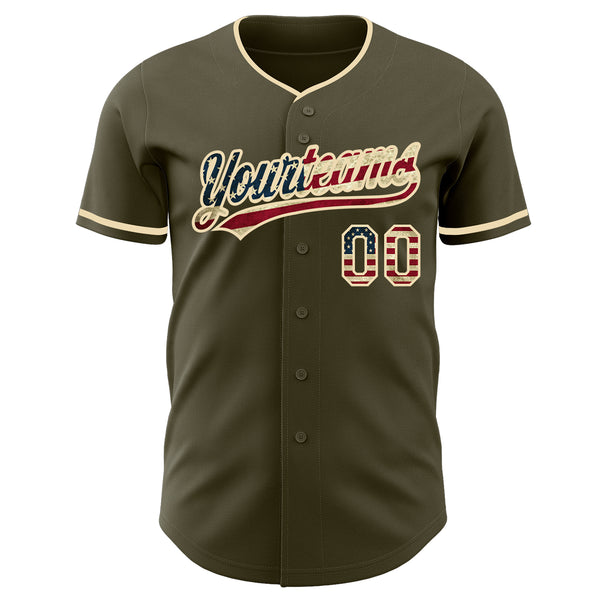 Custom Olive Vintage USA Flag-Cream Authentic Baseball Jersey