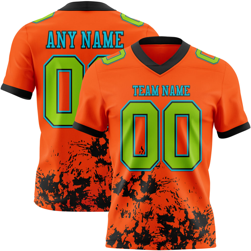 Custom Orange Neon Green Black-Lakes Blue Splash Mesh Authentic Football Jersey
