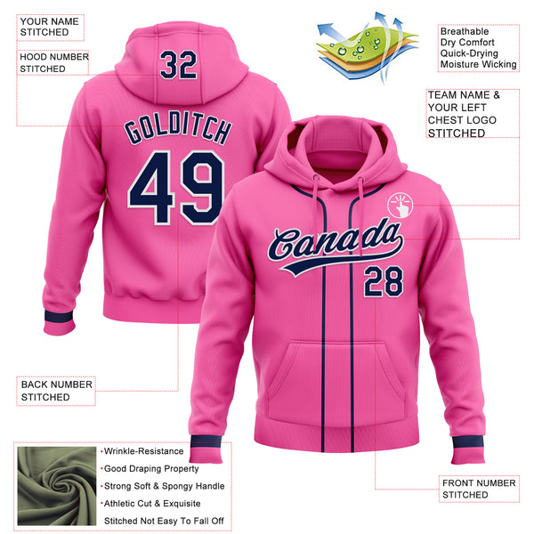 Custom Stitched Pink Navy-White Baseball Pullover Sweatshirt Hoodie
