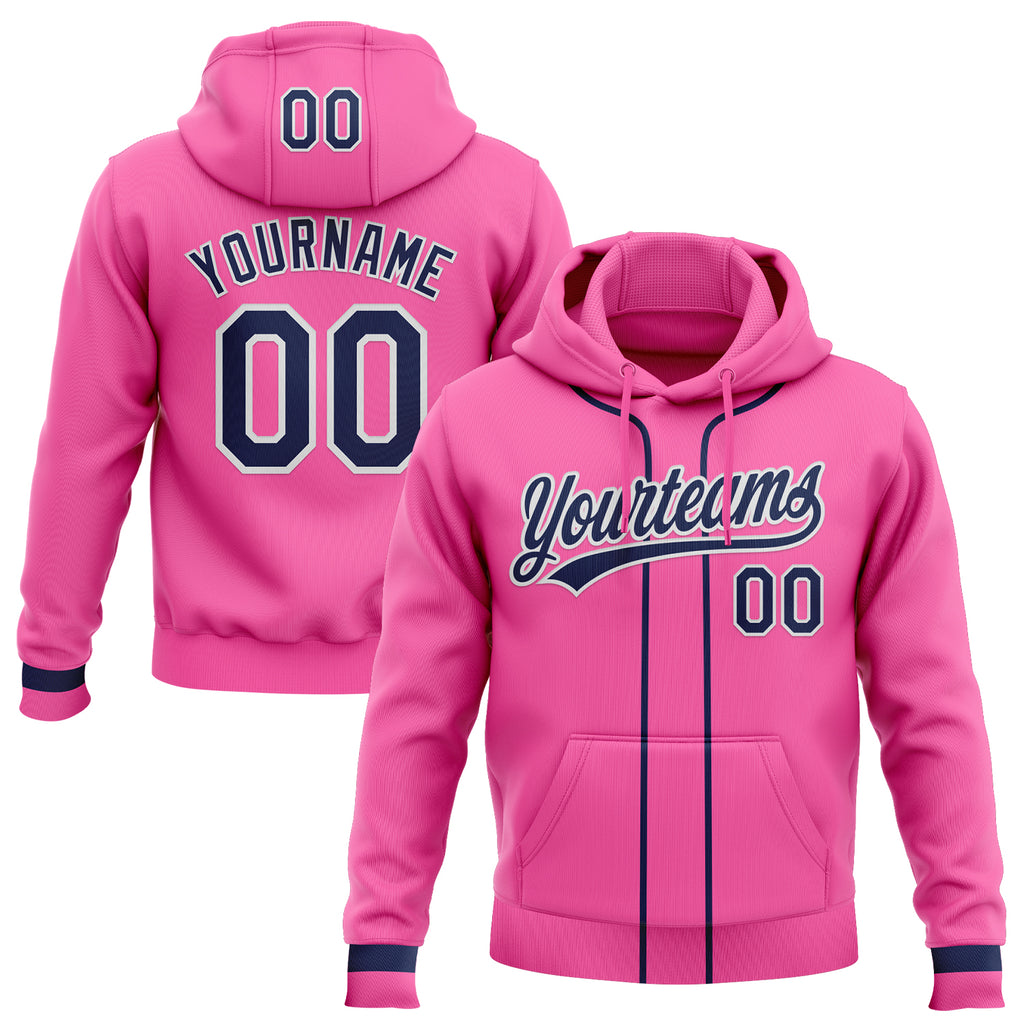 Custom Stitched Pink Navy-White Baseball Pullover Sweatshirt Hoodie