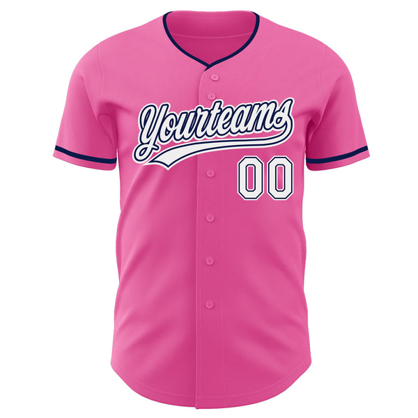 Custom Pink White-Navy Authentic Baseball Jersey