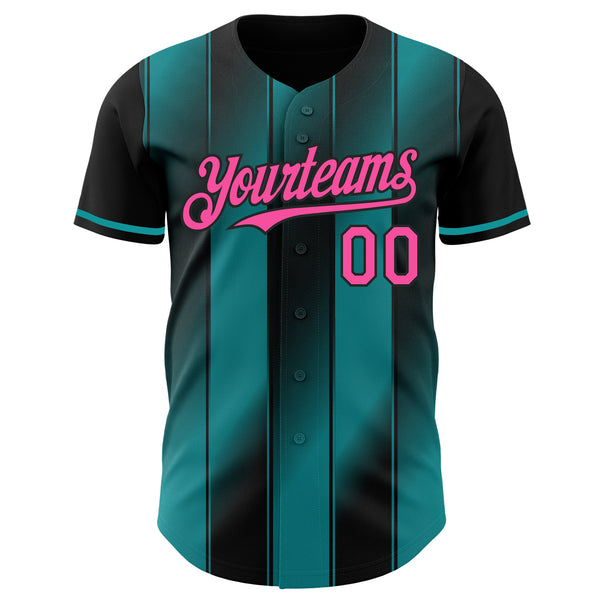 Custom Black Pink-Teal Gradient Classic Vertical Stripe Authentic Baseball Jersey