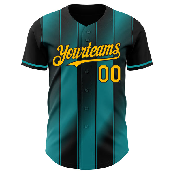 Custom Black Gold-Teal Gradient Classic Vertical Stripe Authentic Baseball Jersey