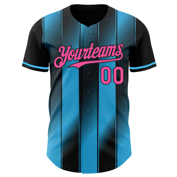 Custom Black Pink-Sky Blue Gradient Classic Vertical Stripe Authentic Baseball Jersey