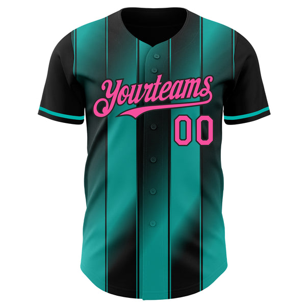 Custom Black Pink-Aqua Gradient Classic Vertical Stripe Authentic Baseball Jersey