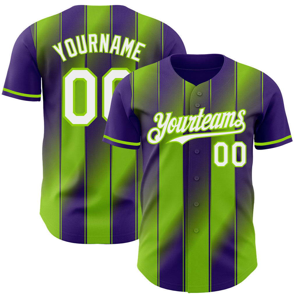 Custom Purple White-Neon Green Gradient Classic Vertical Stripe Authentic Baseball Jersey