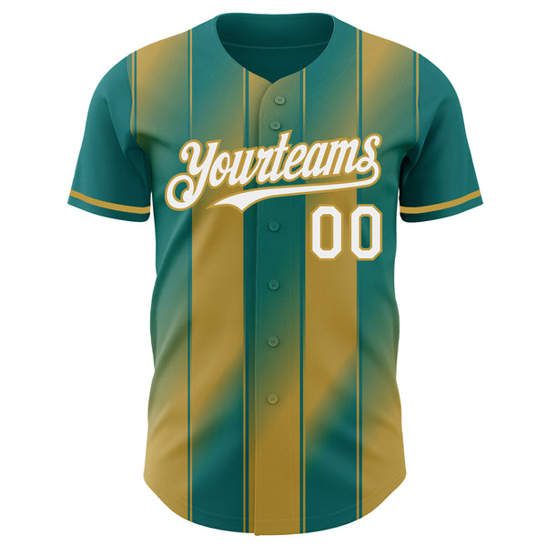 Custom Teal White-Old Gold Gradient Classic Vertical Stripe Authentic Baseball Jersey