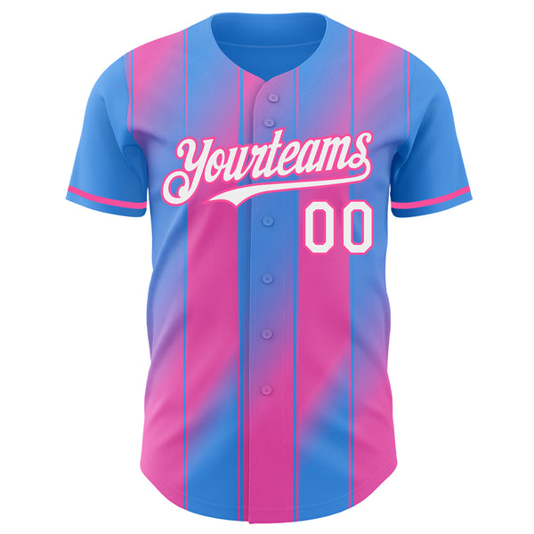 Custom Electric Blue White-Pink Gradient Classic Vertical Stripe Authentic Baseball Jersey