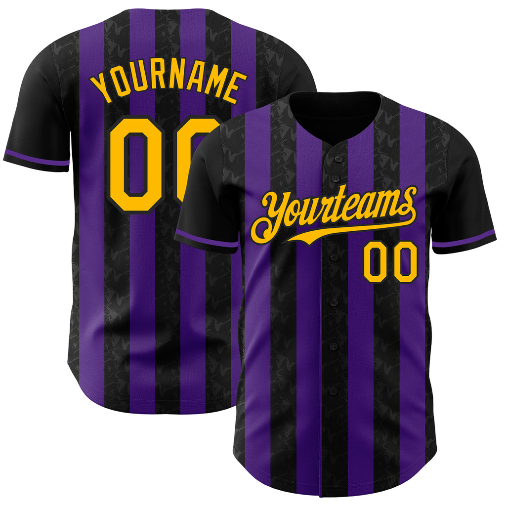 Custom Black Gold-Purple Classic Vertical Stripe Fluid Liquid Texture Authentic Baseball Jersey