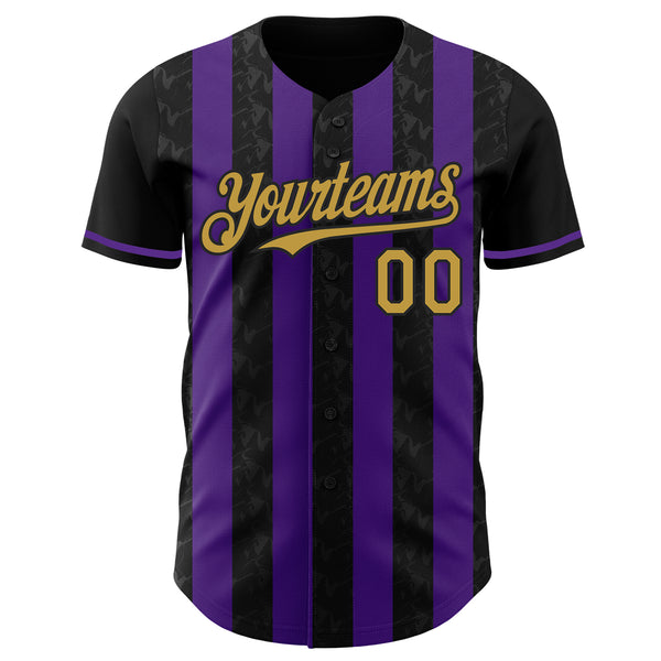 Custom Black Old Gold-Purple Classic Vertical Stripe Fluid Liquid Texture Authentic Baseball Jersey