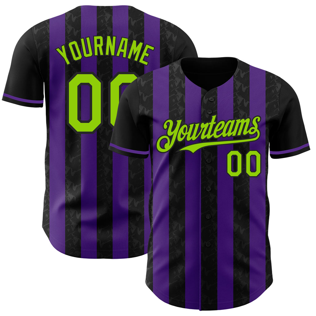 Custom Black Neon Green-Purple Classic Vertical Stripe Fluid Liquid Texture Authentic Baseball Jersey