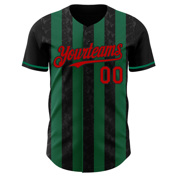 Custom Black Red-Kelly Green Classic Vertical Stripe Fluid Liquid Texture Authentic Baseball Jersey