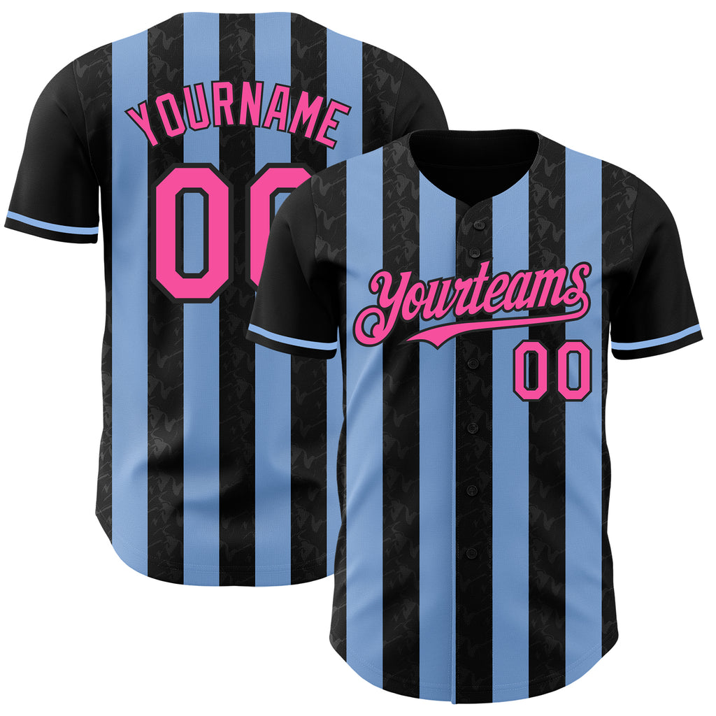 Custom Black Pink-Light Blue Classic Vertical Stripe Fluid Liquid Texture Authentic Baseball Jersey
