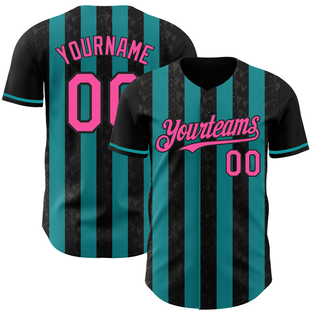 Custom Black Pink-Teal Classic Vertical Stripe Fluid Liquid Texture Authentic Baseball Jersey
