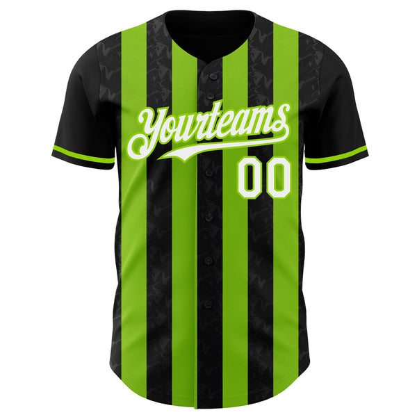 Custom Black White-Neon Green Classic Vertical Stripe Fluid Liquid Texture Authentic Baseball Jersey